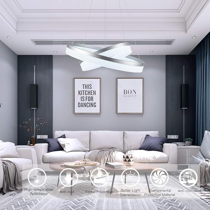 LED Silver Chandeliers Modern Pendant Light, 2 Rings Dimmable Chandelier Lighting Fixture for Living Room Bedroom Kitchen Island Resturant Dining Room 6000K Cool White