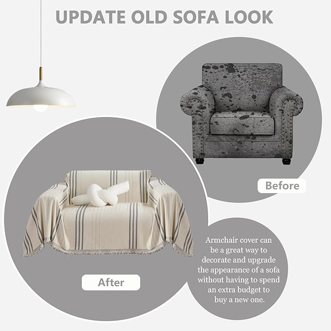 DREAMINGO Armchair Cover Washable Chenille Sofa Protector for Pet Kids Beige Grey Chair Couch Covers for 1 Cushion Couch Stripe Jacquard Versatile Sofa Throw Slipcover for Futon Couch, 71"x91"