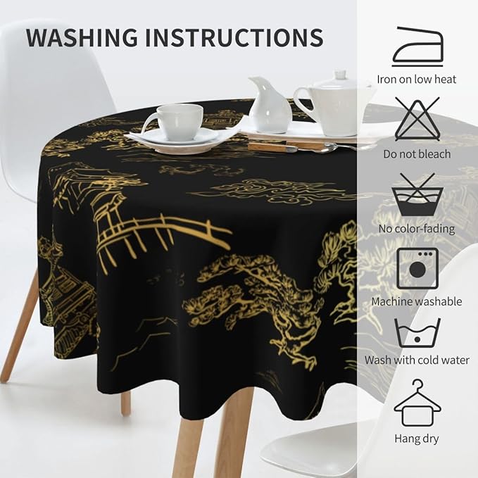 Japanese Tablecloth, Black Golden Traditioanal Chinese Landscape Oriental Vintage Water Resisitant Wipeable Table Cover for Dining Kitchen Living Room Home Party Holiday Decor 70 inch Round