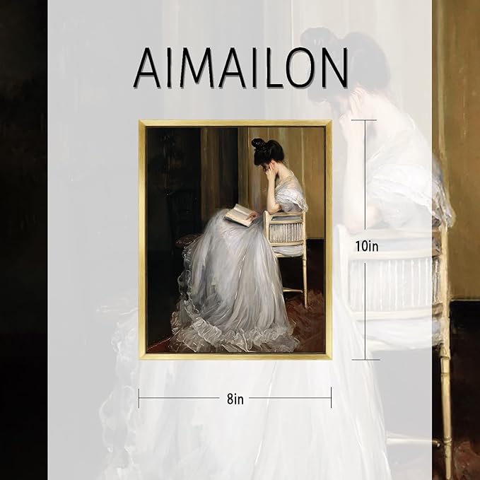 AIMAILON Vintage Gold Canvas Wall Art Framed Decor for Living Room School Elegant Reading Girl in White Dress Portrait Classical Aesthetic Artwork Home Decoration 8x10