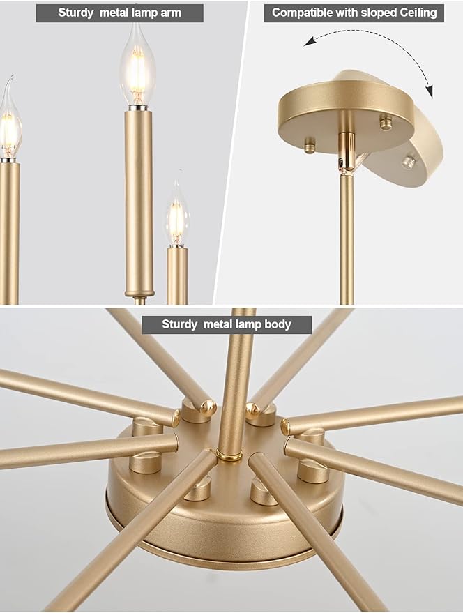 Modern Farmhouse Gold Chandelier, 8-Light Rustic Candle Chandelier, Industrial Hanging Chandeliers for Dining Room, Kitchen, Foyer, Entryway, Living Room