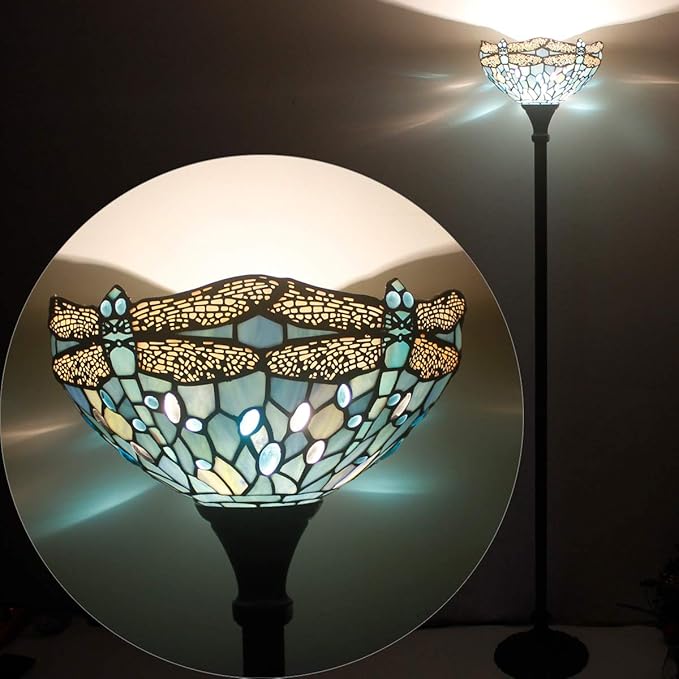 WERFACTORY Tiffany Floor Lamp Sea Blue Stained Glass Dragonfly Light 12X12X71 Inches Pole Torchiere Standing Corner Torch Uplight Decor Bedroom Living Room Home Office S147 Series