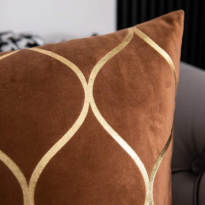Gold Velvet Throw Pillow Covers: 2 Pack 20x20 Inch Square Decorative Pillow Cases for Bedroom Sofa Couch Living Room, Light Brown