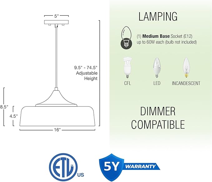 Kira Home Riley 16" Retro Modern Pendant Light + White Metal Shade, Adjustable Hanging Height, Wood Finish Accent
