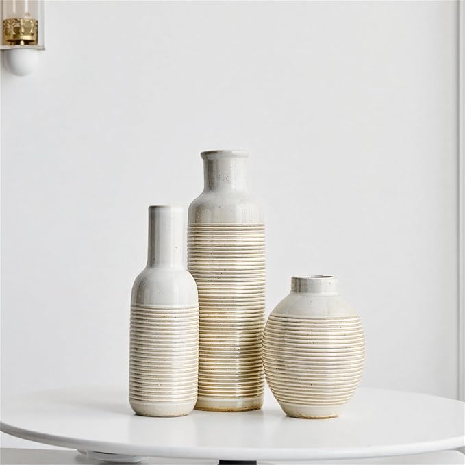 AWNR Small Vases Set of 3 for Flowers ，Rustic Farmhouse Decor，Unique White Ceramic Vase Home Decorations for Modern Home ，Living Room，Entryway Table,Farmhouse