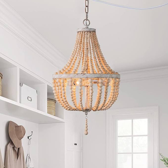 3-Light Mini Wood Beaded Boho Plug in Chandelier Dimmable and Timer Pendant Light Fixture with Swag Cord Antique Metal Finish Natural Color Beads for Dining Room Girls Bedroom Living Room Foyer