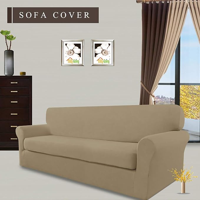 Easy-Going 2 Pieces Microfiber Stretch Sofa Slipcover – Spandex Soft Fitted Sofa Couch Cover, Washable Furniture Protector with Elastic Bottom Kids,Pet (Oversized Sofa,Tan)
