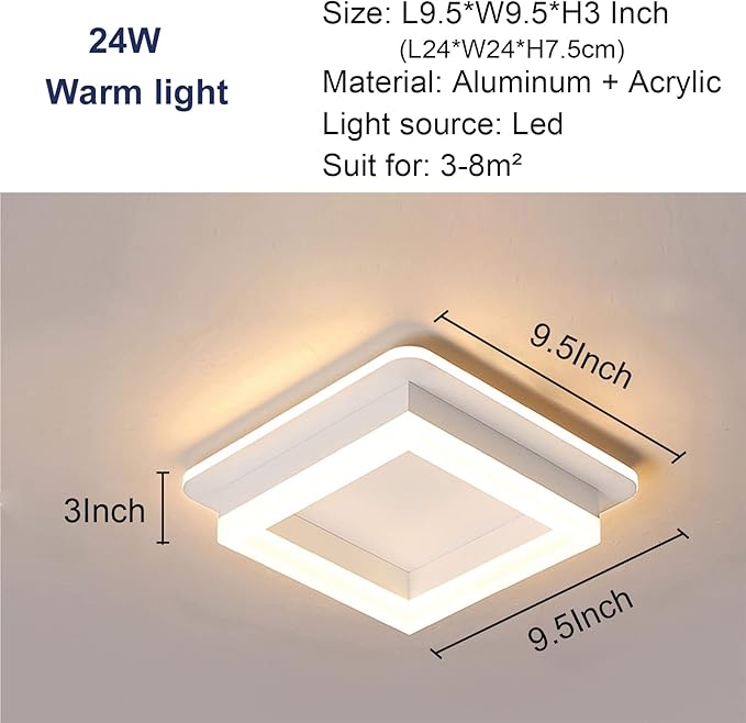 CANEOE 24W Square Hallway Light, Modern Flush Mount Led Ceiling Light,White Acrylic Close to Ceiling Lights for Bedroom Dining Room Kitchen Balcony Bathroom Aisle Ceiling Lamp (Warm White,3000K)