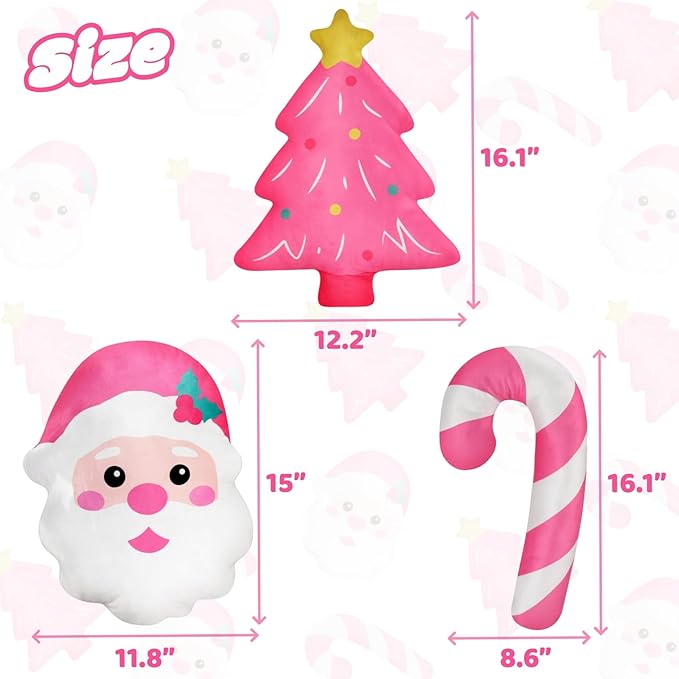 Percozzi Christmas Pillows with Pink Christmas Tree Santa Claus Shaped Throw Pillows Xmas Tree Decorative Pillow Cane & Santa Pillow Cute Soft Stuffed Plush Holiday Party Home Decor 3PCS