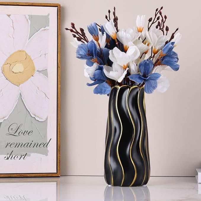 9.5" Black Ceramic Vase - Minimalist Black and Gold Flower Vase, Large Pampas Grass Vase, Boho Decorative Centerpiece Vase for Home Decor, Wedding, Housewarming, Table, Shelf, Mantel, and Entryway