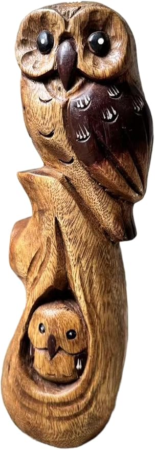 Handcrafted Wooden Owl Statue from Thailand, Solid Wood Sculpture Figurine for Home Decor, Rustic Natural Carving Ornament, for Living Room, Bedroom, or Office