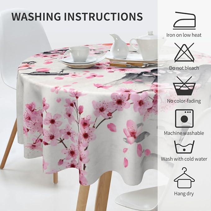 Japanese Tablecloth, Traditioanal Cherry Blossom Chinese Landscape Oriental Vintage Water Resisitant Wipeable Table Cover for Dining Kitchen Living Room Home Party Holiday Decor 60 inch Round