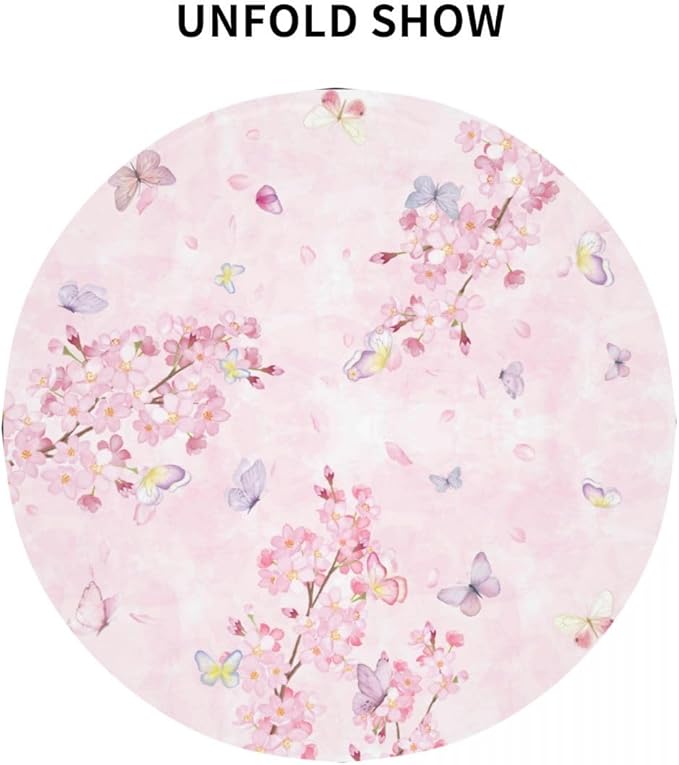 Cherry Blossom Tablecloth, Watercolor Pink Floral Butterfly Seasonal Farmhouse Water Resisitant Wipeable Table Cover for Dining Kitchen Living Room Home Party Holiday Decor 60 inch Round