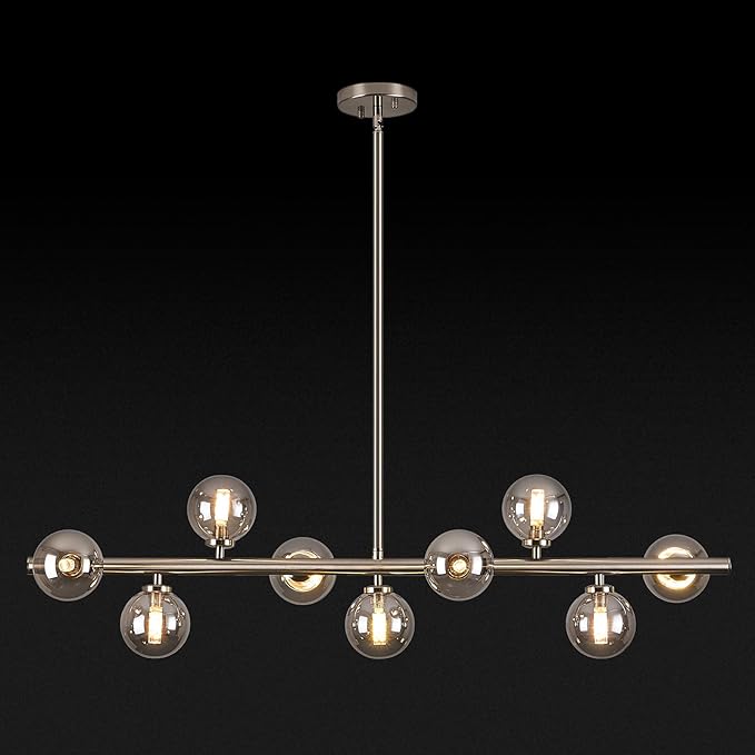 Mid Century Modern Globe Sputnik Chandelier, 9-Light Linear Chandeliers for Dining Room and Kitchen Island, Dining Light Fixture Over Table, Nickel and Smoke Grey Glass Bubble, 40 Inch