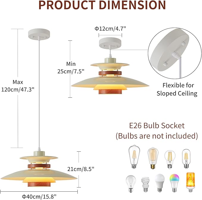 Modern Decor Adjustable Pendant Lamp Kitchen Island, Aluminum and Wood Finish,1-Light E26 Base Ceiling Hanging Light for Dining Room Shop Restaurant (Beige+Dark Wood Grain, 40cm)
