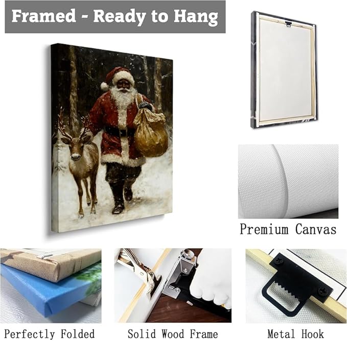Coming to Town | Vintage Black Santa Claus Wall Art,Winter Holiday Decor,Christmas Print,Pockets Prints,African Santas With Reindeer Painting