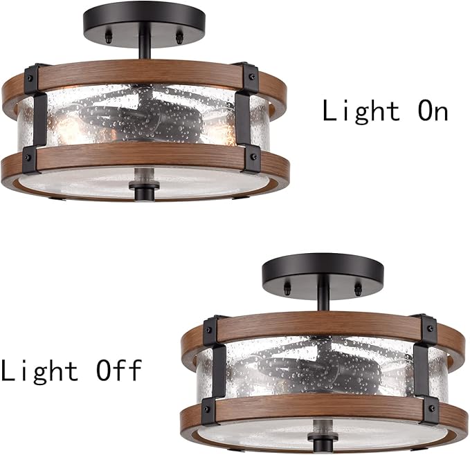 Farmhouse 2-Light Ceiling Light Fixture, Semi Flush Mount Ceiling Light with Seeded Glass Shade, Rustic Retro Ceiling Lamp for Kitchen Hallway Entryway
