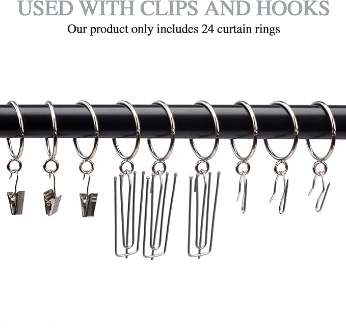 Openable Curtain Rings with Eyelet,24PCS Curtain Rings,Drapes Rings 3 in Interior Diameter,Hinge Snap-Joint Design, Fits Curtain Rods Up to 2 Inches Silver TXZWJZ