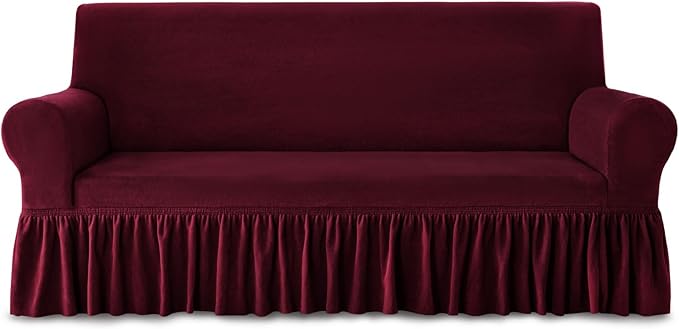NICEEC Sofa Cover Thick Plush 1-Piece Warm Wine Red Sofa Slipcover for Sofas Stretch Fluffy Couch Covers for Living Room Easy Fit Washable Soft Furniture Sofa Protector with Skirt