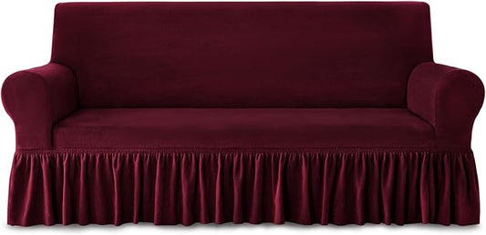 NICEEC Sofa Cover Thick Plush 1-Piece Warm Wine Red Sofa Slipcover for Sofas Stretch Fluffy Couch Covers for Living Room Easy Fit Washable Soft Furniture Sofa Protector with Skirt