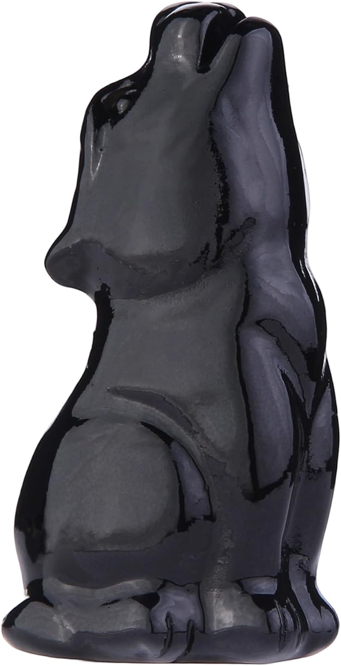 Obsidian Howling Wolf Crystal Figurines, 2.2 Inch Black Wolf Totem Spirit Animal Statue Decor for Home Office Desk Altar, Hand Carved Natural Healing Crystal Sculpture Gifts for Women Men