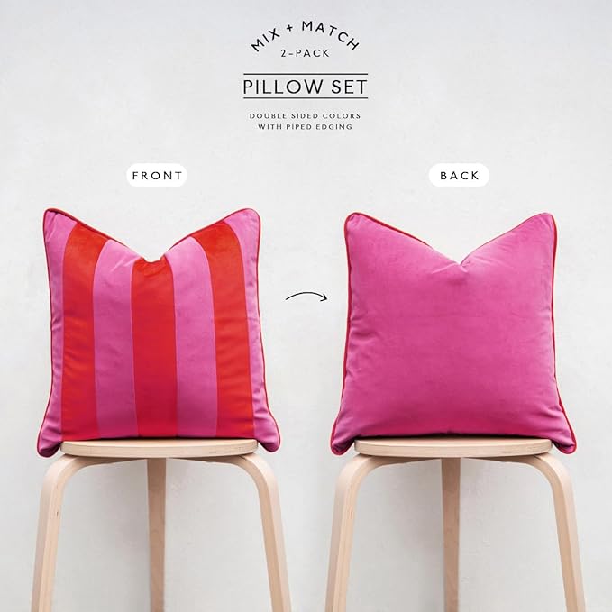 MONDAY MOOSE Decorative Throw Pillow Covers Cushion Cases, Set of 2 Soft Velvet Striped Piping Edge Designs, Pillow Inserts Not Included (Hot Pink/Red, 18x18 inch)