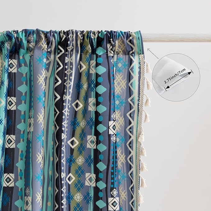 Boho Curtains Geometric Light Filtering Semi-Blackout Window Curtains 96 Inches Long Rod Pocket Drapes for Living Room 2 Panels-Vintage Blue