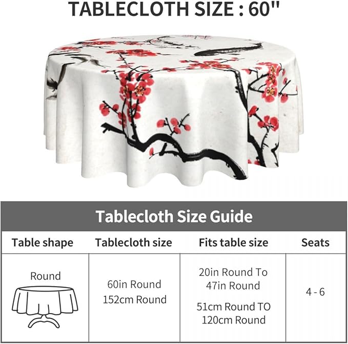 Cherry Blossom Tablecloth, Traditioanal Chinese Oriental Koi Vintage Asian Style Water Resisitant Wipeable Table Cover for Dining Kitchen Living Room Home Party Holiday Decor 60 inch Round