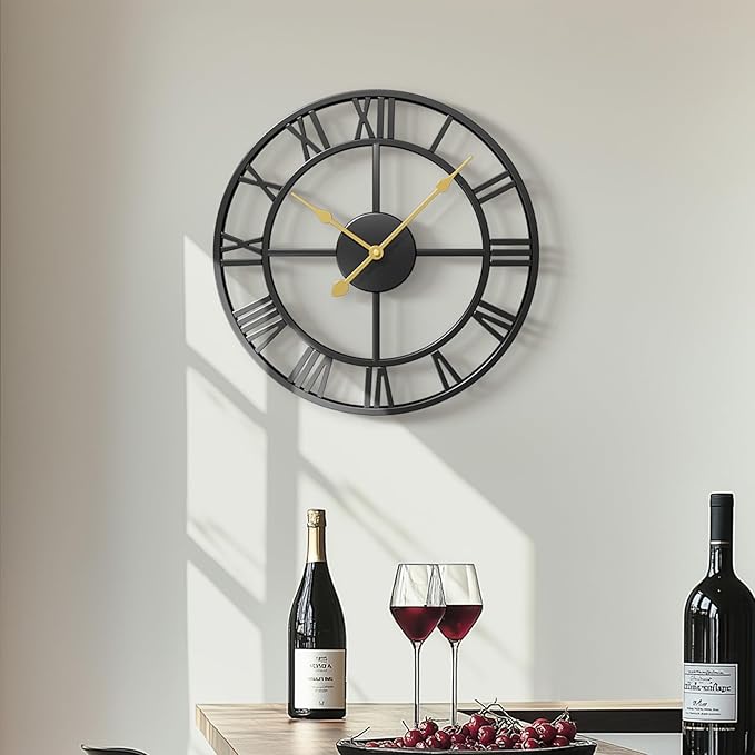 16 Inch Wall Clock for Living Room, Black Metal Wall Clock Battery Operated, Round Roman Numeral Decorative Clocks for Bedroom, Home, Kitchen, Office, Wall Decor