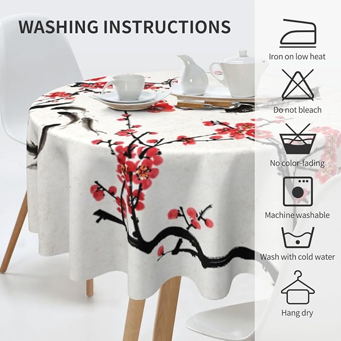 Cherry Blossom Tablecloth, Traditioanal Chinese Oriental Koi Vintage Asian Style Water Resisitant Wipeable Table Cover for Dining Kitchen Living Room Home Party Holiday Decor 60 inch Round