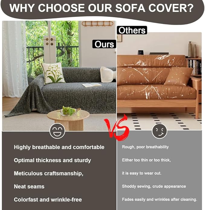 ROOMLIFE Gray Couch Cover Boho Sofa Covers for 3 Cushion Couch Washable, Furniture Protector Sofa Couch Cover for Dogs, Soft Chenille Sofa Slipcover, Couch Throw Blankets with Tassels 71 '' X 150''