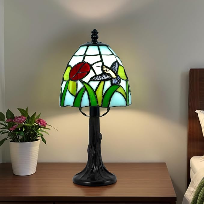 Tiffany Style Table Lamp - 6 Inch Stained Glass Table Lamps with Hummingbird & Flower, Vintage Tiffany Style Bedside Lamp, Small Desk Light with LED Bulb for Home Decor Ideal Gifts for Family Friends