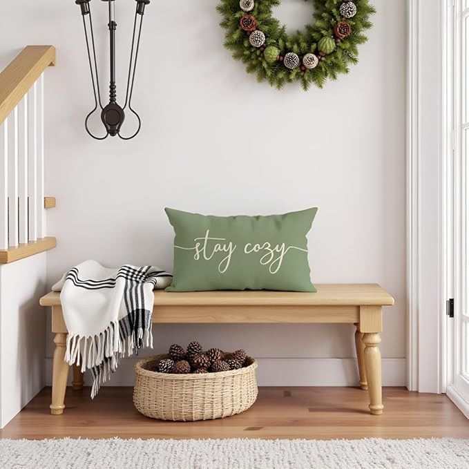 PANDICORN Stay Cozy Sage Green Pillow Cover 12x20 Inch, Lumbar Decorative Cushion Case for Sofa Couch or Bed, Rustic Farmhouse Home Decor for Living Room or Entryway Bench