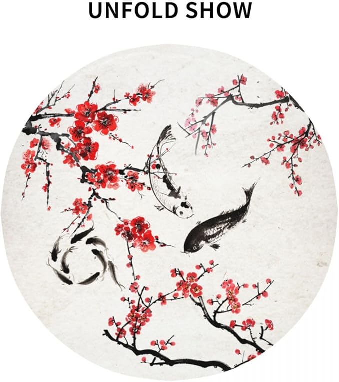 Cherry Blossom Tablecloth, Traditioanal Chinese Oriental Koi Vintage Asian Style Water Resisitant Wipeable Table Cover for Dining Kitchen Living Room Home Party Holiday Decor 36 inch Round