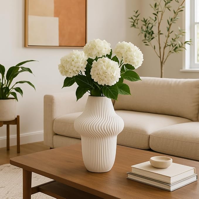 Texture Ceramic Vase for House Decor - 3D Printed Design, Perfect as a Flower Vase for Bedroom, Table, and Office Display - Modern Sculpted Home Accent for Room and Living Room Decor Ivory (14 Inch)