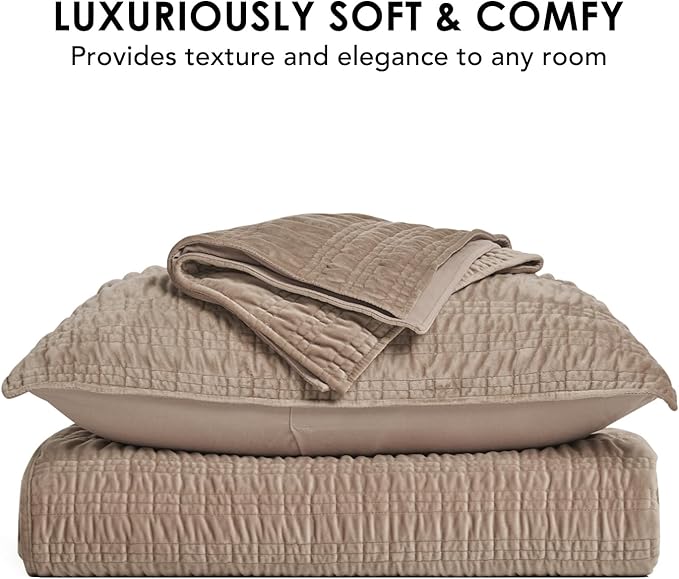 EverGrace Velvet Quilt Queen Size, Luxury Velvet Bedding Set, Ultra Soft Ruched Quilt Sets, Lightweight Comforter Vintage Textured Bedspread Coverlet with 2 Shams for All Season, Khaki Tan