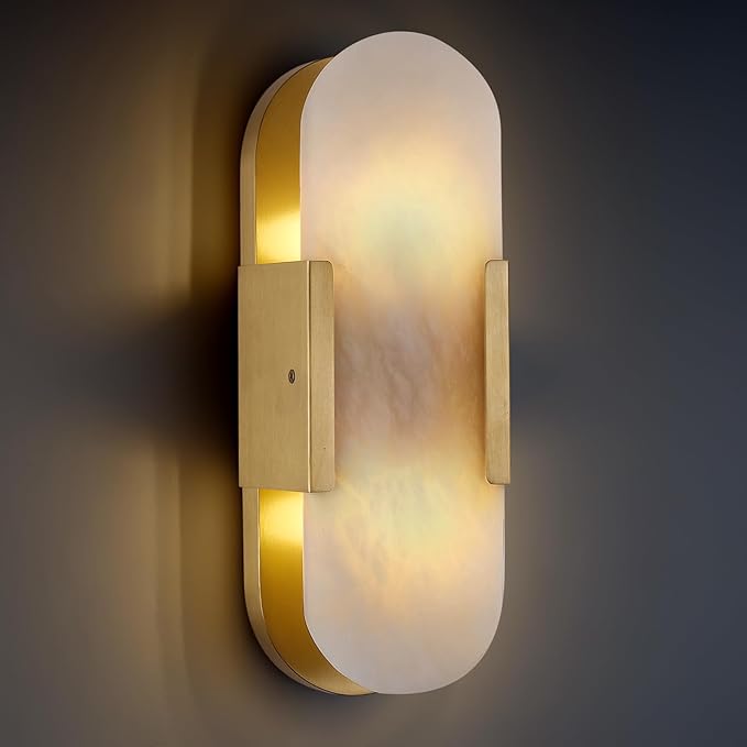 13.8 inch Brass Alabaster Sconces, Indoor Marble Sconces Wall Lighting, Alabaster Sconces for Living Room Modern Alabaster Sconces Wall Lighting for Dining Room Stairs Bedroom