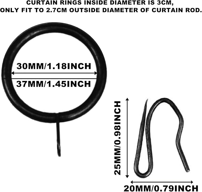 60 Pcs Metal Curtain Rings with Eyelet & Drapery Hooks, 30 mm Internal Diameter, Black