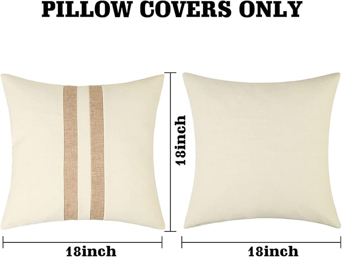 Set of 2 White Linen Patchwork Throw Pillow Covers 18X18 Farmhouse Decorative Square Striped Pillowcases for Couch Sofa Living Room Outdoor Decor