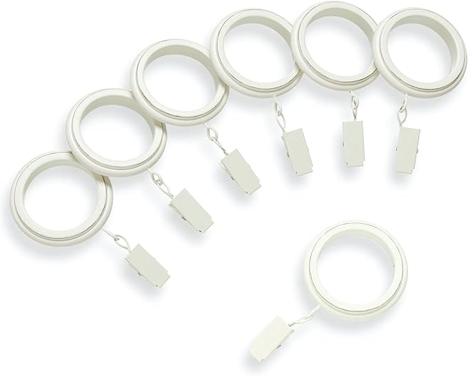 MODE Farmhouse Collection Beveled Curtain Clip Rings, Set of 14 Curtain Rings with Clips, Fits MODE Farmhouse Curtain Rod Sets, 1 3/4”, Weathered White