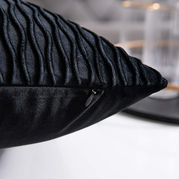 Black Striped Decorative Pillow Covers: 2 Pack 16x16 Inch Original Velvet Square Throw Pillow Cases for Farmhouse Couch