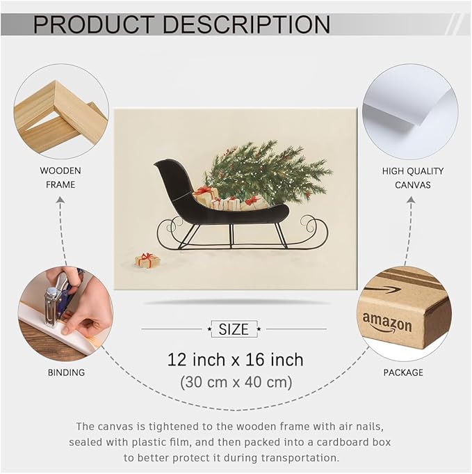 Winter Holiday Sleigh Canvas Wall Art Vintage Christmas Tree Poster Retro Botanical Pine Tree Sketch Painting Prints 12x16 inch Framed for Living Room Bedroom Wall Decor