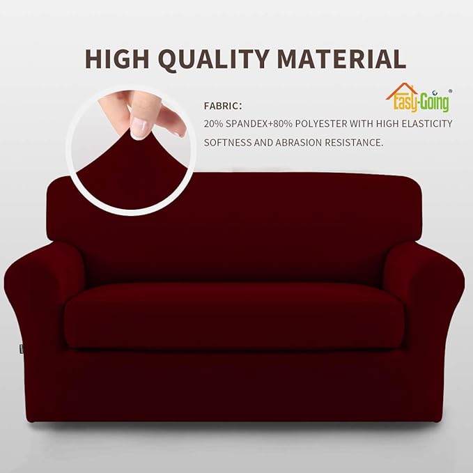 Easy-Going 2 Pieces Microfiber Stretch Sofa Slipcover – Spandex Soft Fitted Sofa Couch Cover, Washable Furniture Protector with Elastic Bottom Kids, Pet (Loveseat, Wine
