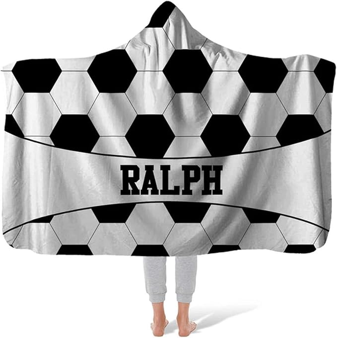Personalized Soccer Ball Hooded Blanket Custom Hooded Fleece Blanket with Name Soccer Ball Wearable Throw Blanket University Team Blanket Gift for Sports Fans Kids Women Adult Graduation
