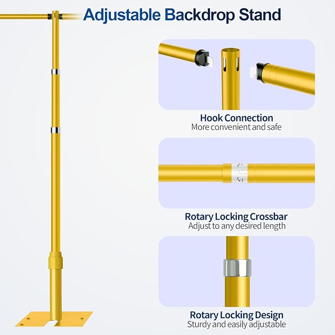 Pipe and Drape Backdrop Stand, 10x20ft Heavy Duty Adjustable Background Frame with Metal Base, Back Drop Holder for Parties Photography Wedding Photoshoot Decoration - Gold