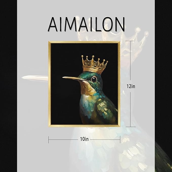 AIMAILON Vintage Gold Canvas Wall Art Framed Decor for Living Room - Hummingbird Birds King Wall Art, Retro Golden Wall Prints of Bird with a Crown, Modern Animal Bird Art Picture Bathroom Decor 10x12