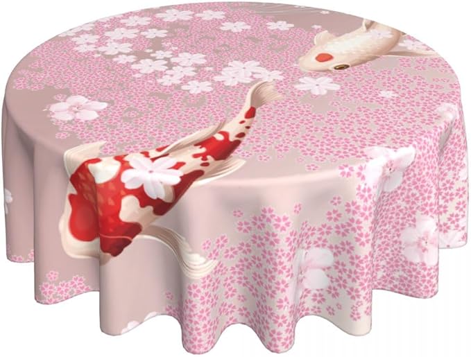 Cherry Blossom Tablecloth, Pink Floral Watercolor Japanese Asian Style Farmhouse Water Resisitant Wipeable Table Cover for Dining Kitchen Living Room Home Party Holiday Decor 60 inch Round