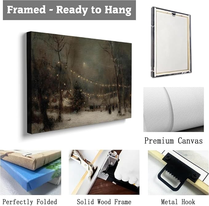 Winter Evening Landscape Wall Art Prints,Moody Antique Snowy Holiday Decor,Rustic Christmas Eve Print,Snowy Forest Lights Christmas Poster
