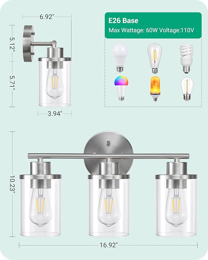 EDISHINE Bathroom Light Fixtures, 3-Light Bathroom Vanity Light Over Mirror, Brushed Nickel Wall Sconces Lighting with Clear Glass Shade Modern Bath Wall Mount Lamp for Vanity Table, Powder Room