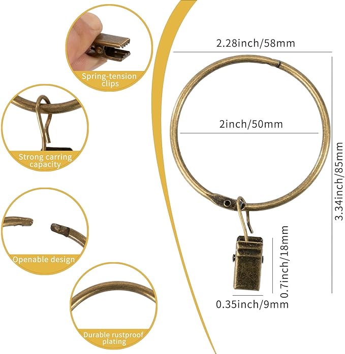 Openable Curtain Rings with Clips,2inch Inner Diameter,Heavy Duty Rustproof Metal Decorative Vintage Drapery Rings Curtain Clips Rod Hangers Door Curtain and Shower Curtain Rings Bronze Zocang